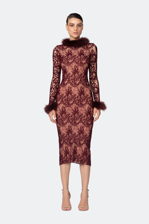 Fur Detailed Lace Midi Pencil Dress