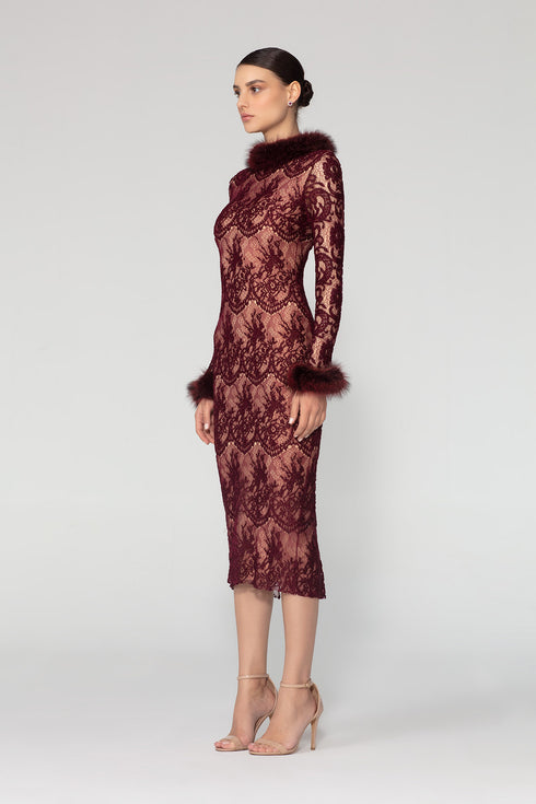 Fur Detailed Lace Midi Pencil Dress
