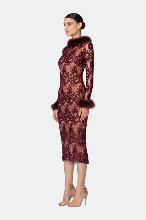 Fur Detailed Lace Midi Pencil Dress