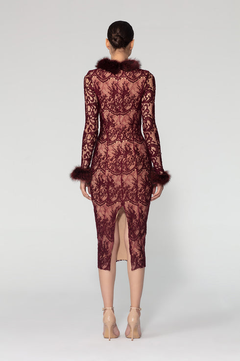 Fur Detailed Lace Midi Pencil Dress