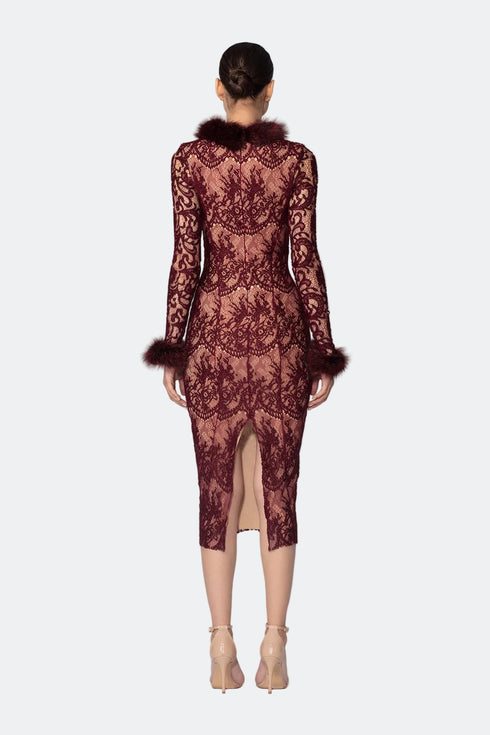 Fur Detailed Lace Midi Pencil Dress
