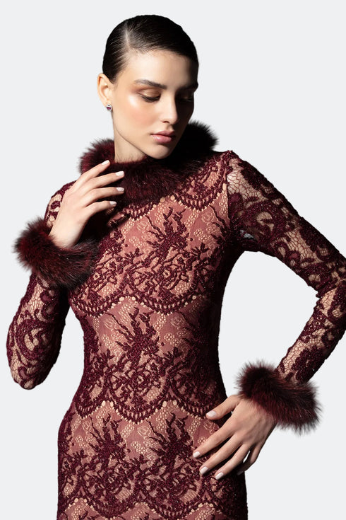 Fur Detailed Lace Midi Pencil Dress