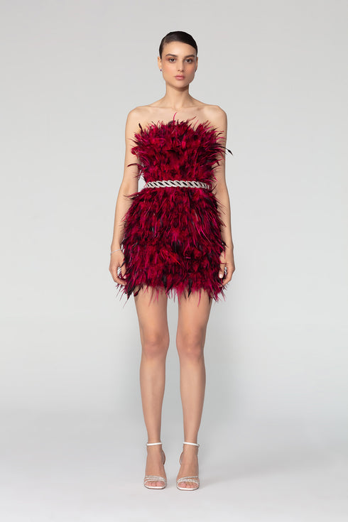 Stone Belted Pile Strapless Mini Dress