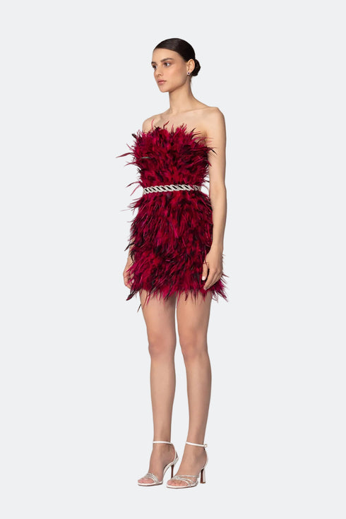 Stone Belted Pile Strapless Mini Dress