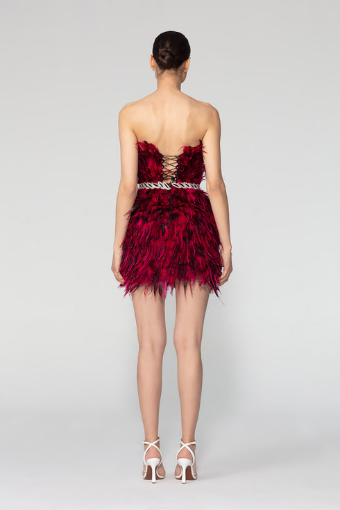 Stone Belted Pile Strapless Mini Dress