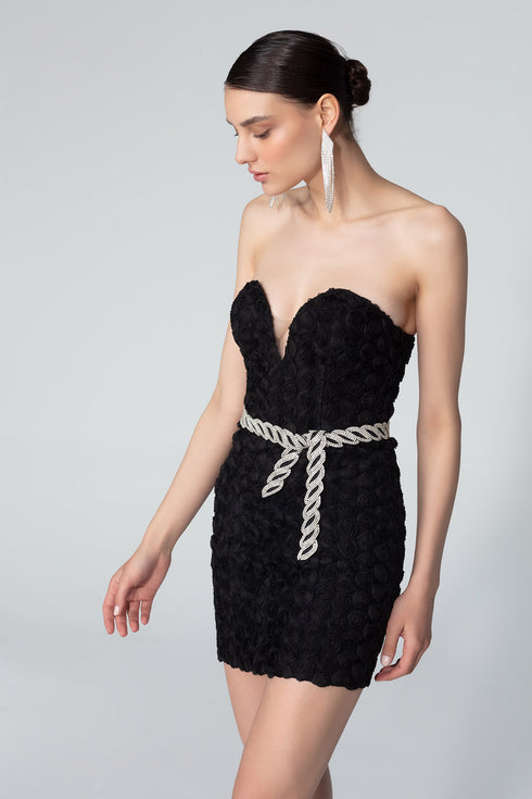 Heart Neck Stone Belted Mini Dress