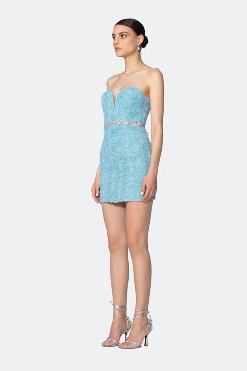 Belt Detailed Strapless Light Blue Mini Dress