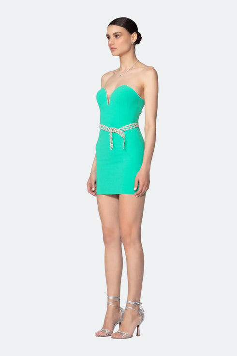 Mini 'V' Decollete Stone Detailed Mini Dress