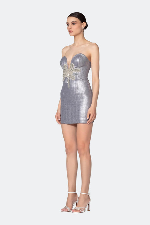Stone Embroidered Heart Neck Mini Dress