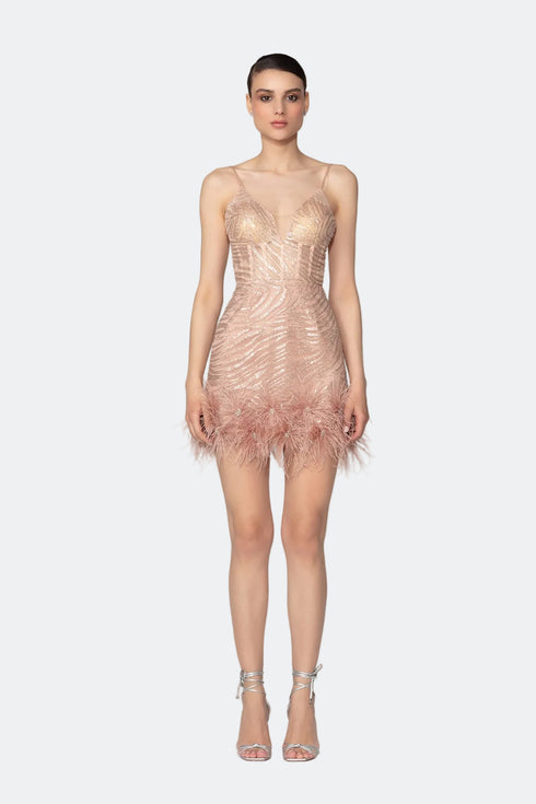 Strappy V Neck Mini Dress With Fur Detail