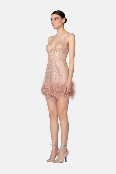 Strappy V Neck Mini Dress With Fur Detail