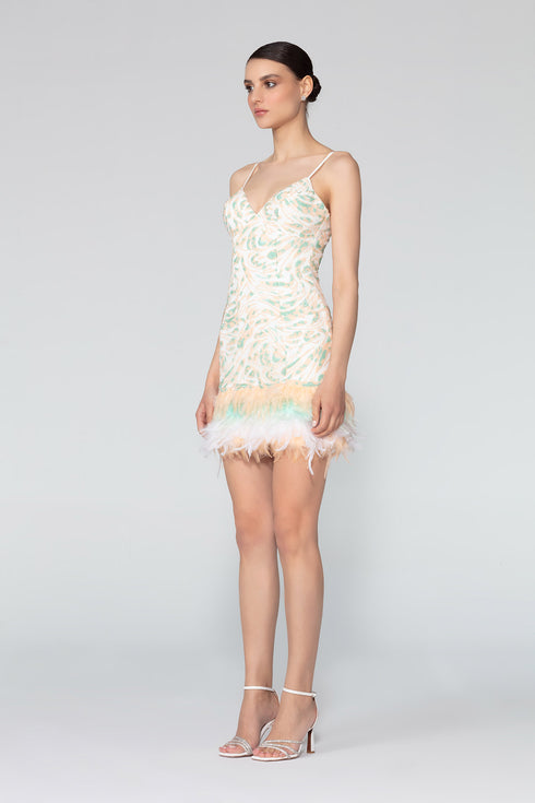 Sequined V Neck Fur Detailed Mini Dress