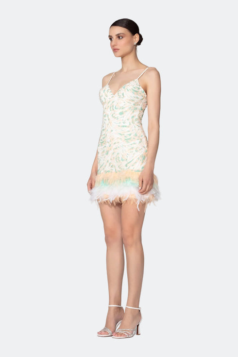 Sequined V Neck Fur Detailed Mini Dress