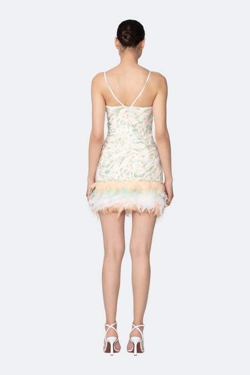 Sequined V Neck Fur Detailed Mini Dress