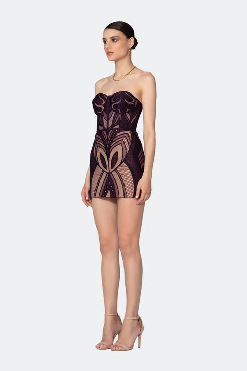 Heart Neck Symmetric Patterned Mini Dress