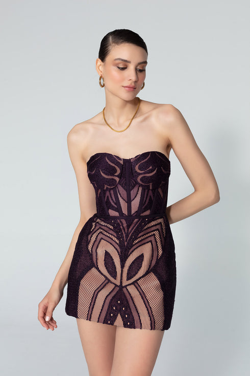 Heart Neck Symmetric Patterned Mini Dress