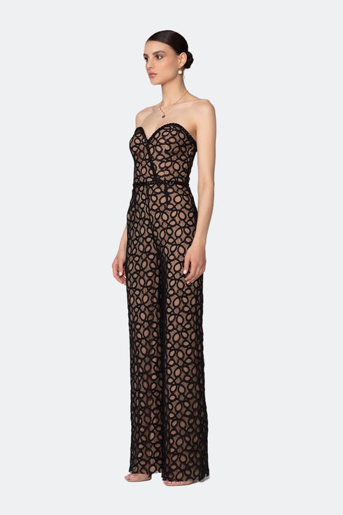 Heart Neck Striped Wide Leg Overall With Lace Detail