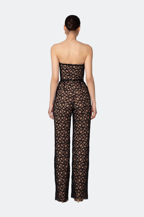 Heart Neck Striped Wide Leg Overall With Lace Detail