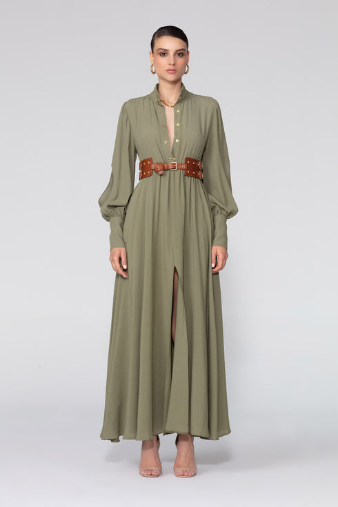 Balloon Sleeve Snap Closure Deep Slit Long Dress