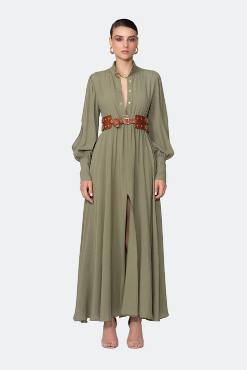 Balloon Sleeve Snap Closure Deep Slit Long Dress