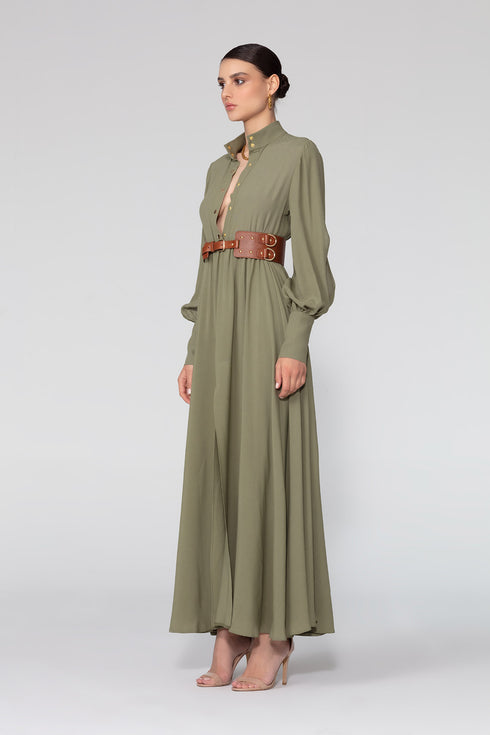 Balloon Sleeve Snap Closure Deep Slit Long Dress