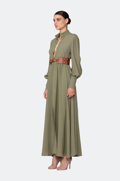 Balloon Sleeve Snap Closure Deep Slit Long Dress