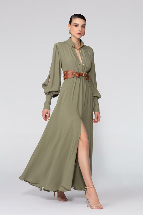 Balloon Sleeve Snap Closure Deep Slit Long Dress