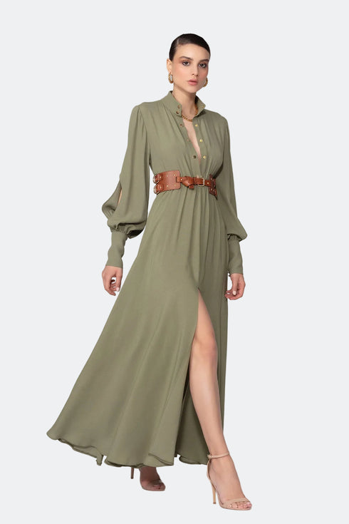Balloon Sleeve Snap Closure Deep Slit Long Dress