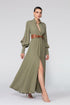 Balloon Sleeve Snap Closure Deep Slit Long Dress