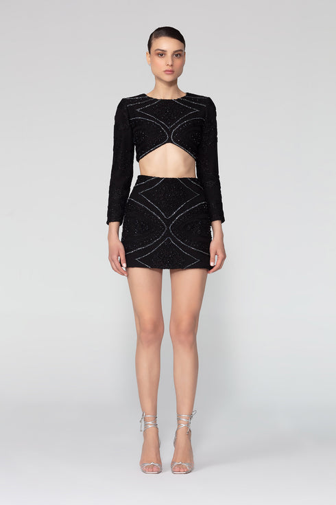 Simetric Patterned Beaded Mini Pencil Skirt