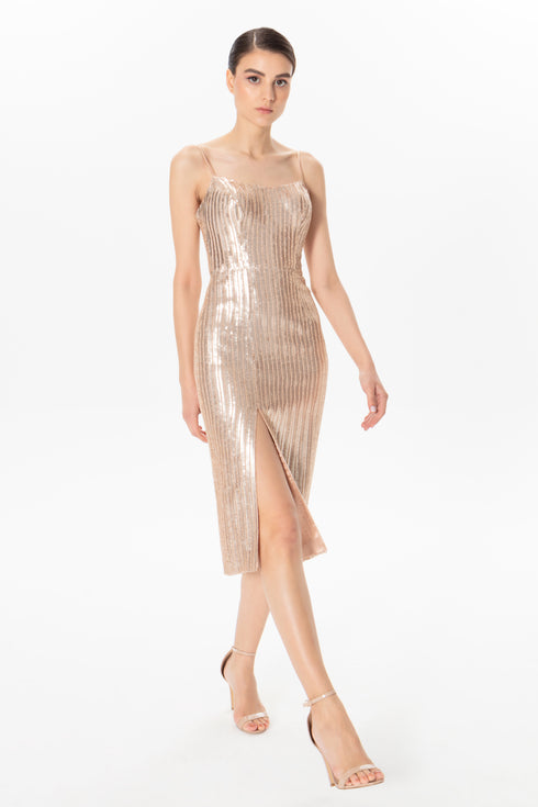 Nude Sequin Midi Dress