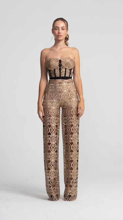 Elegant Gold-Black Lace Trousers