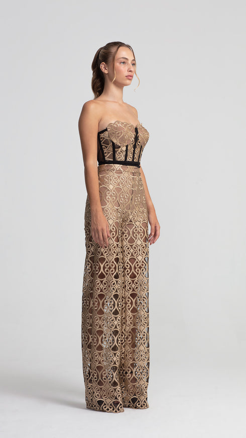 Elegant Gold-Black Lace Trousers