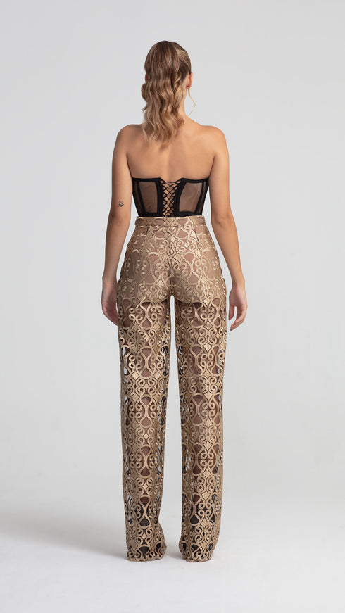Elegant Gold-Black Lace Trousers