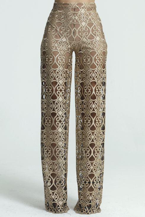 Elegant Gold-Black Lace Trousers