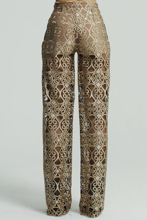 Elegant Gold-Black Lace Trousers