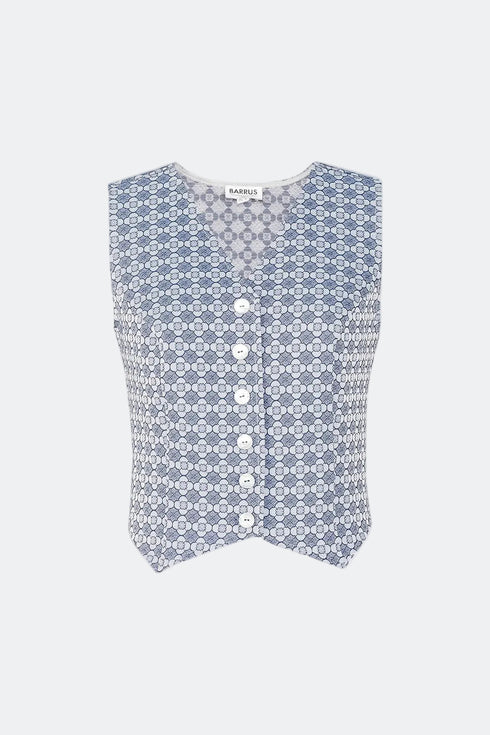 Patterned Blue Grey V-Neck Vest