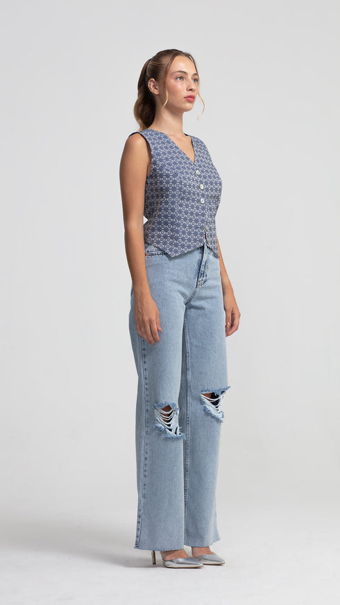 Patterned Blue Grey V-Neck Vest