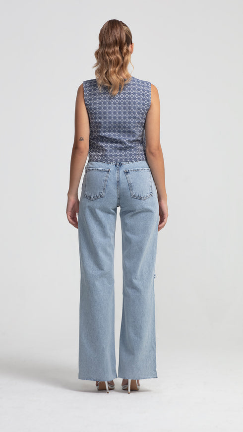 Patterned Blue Grey V-Neck Vest