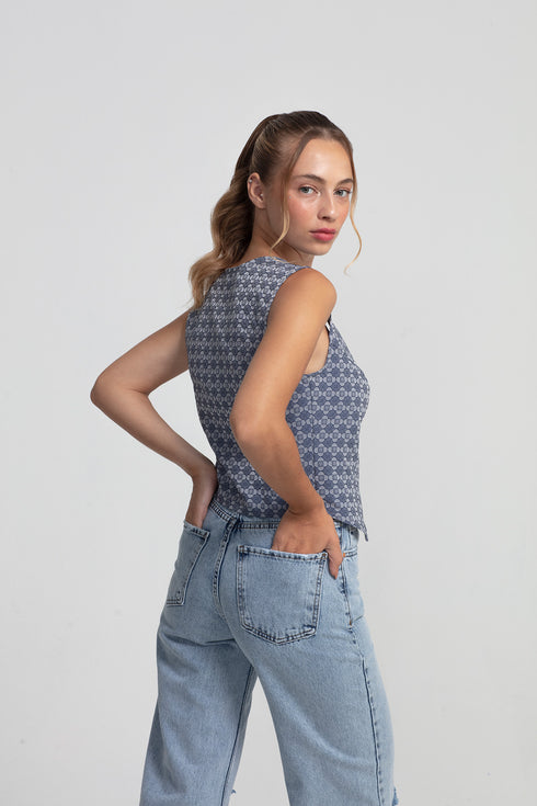 Patterned Blue Grey V-Neck Vest