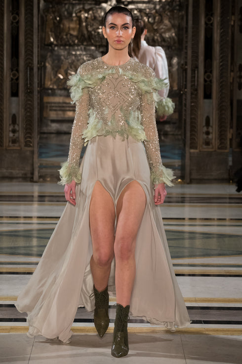 INLAID DRESS WITH SLIT AND FEATHER DETAIL - Barrus London