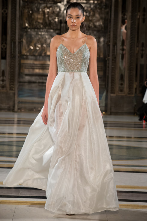"A" FORM DRESS WITH SPARKLY V-NECK - Barrus London