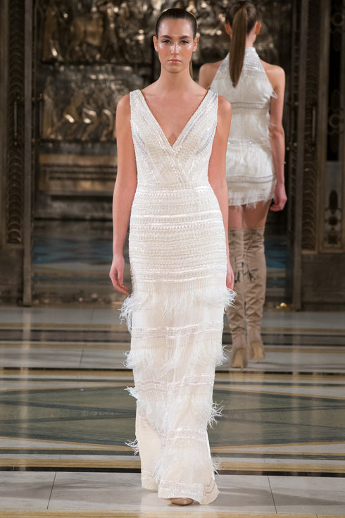 V-NECK INLAID DRESS WITH FEATHER DETAIL - Barrus London