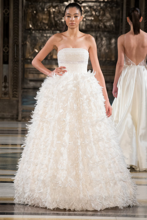 FEATHERED, STRAPLESS WEDDING DRESS - Barrus London
