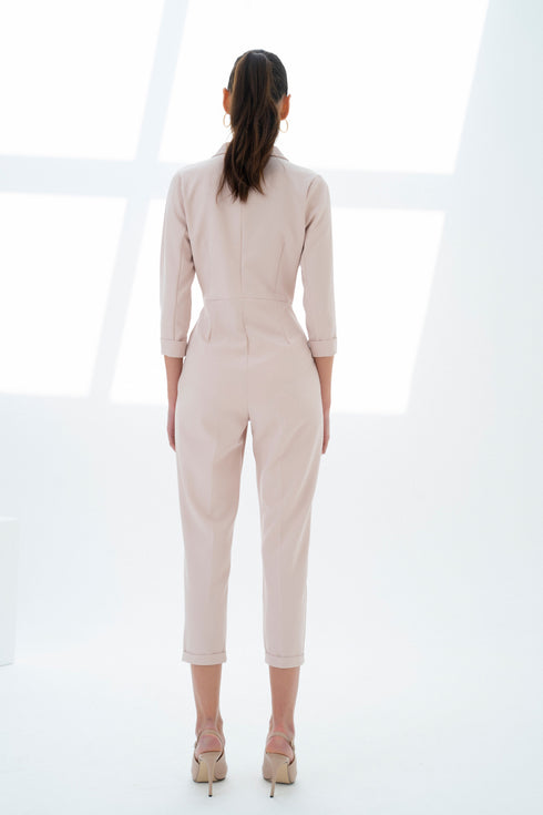 V NECK DOUBLE BREASTED JUMPSUIT POWDER - Barrus London