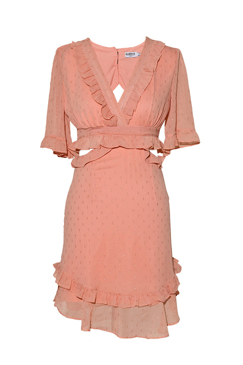 V NECK, MINI DRESS WITH RUFFLE DETAILED - Barrus London