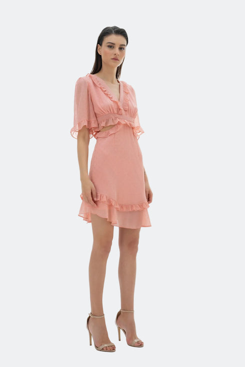 V NECK, MINI DRESS WITH RUFFLE DETAILED - Barrus London