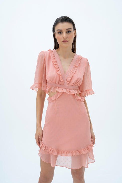 V NECK, MINI DRESS WITH RUFFLE DETAILED - Barrus London