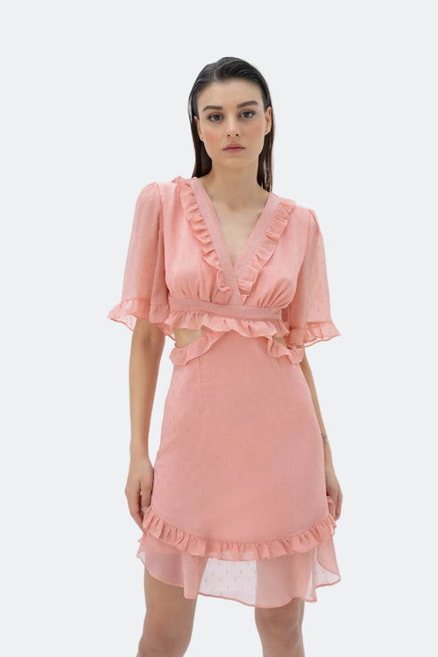 V NECK, MINI DRESS WITH RUFFLE DETAILED - Barrus London