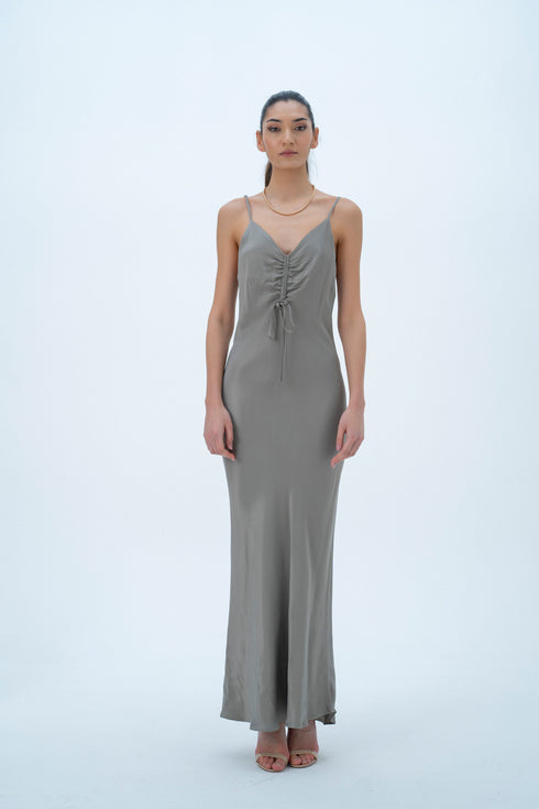 GREEN SHIRRED DETAIL DRESS - Barrus London